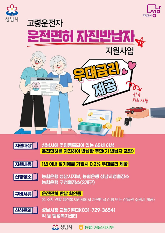 성남시, 65세 이상 운전면허 자진 반납 시 정기예금 우대금리 제공